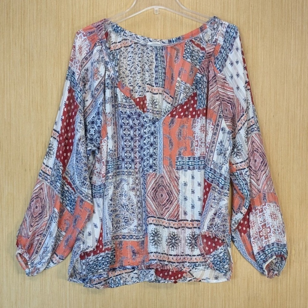 By Together Boho Indie Patchwork Paisley Festival Blouse S/M Maximalism Sheer